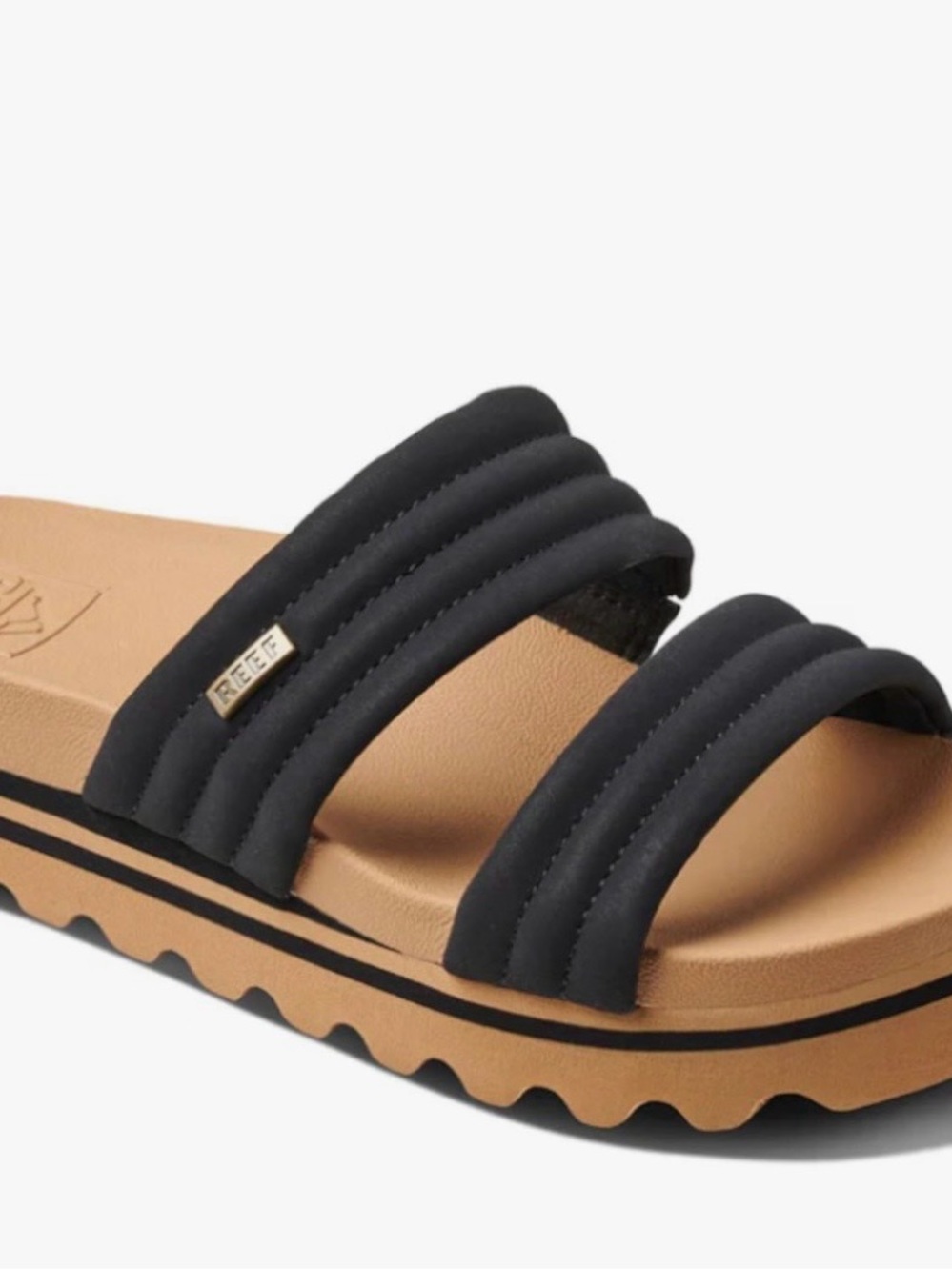 Reef Black Dual-Strap Slide with Tan Footbed